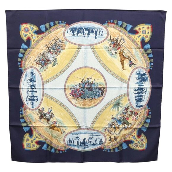 HERMES Carre 90 Scarf CAVALIERS PEULS Silk Navy Auth 117653 - Picture 1 of 13